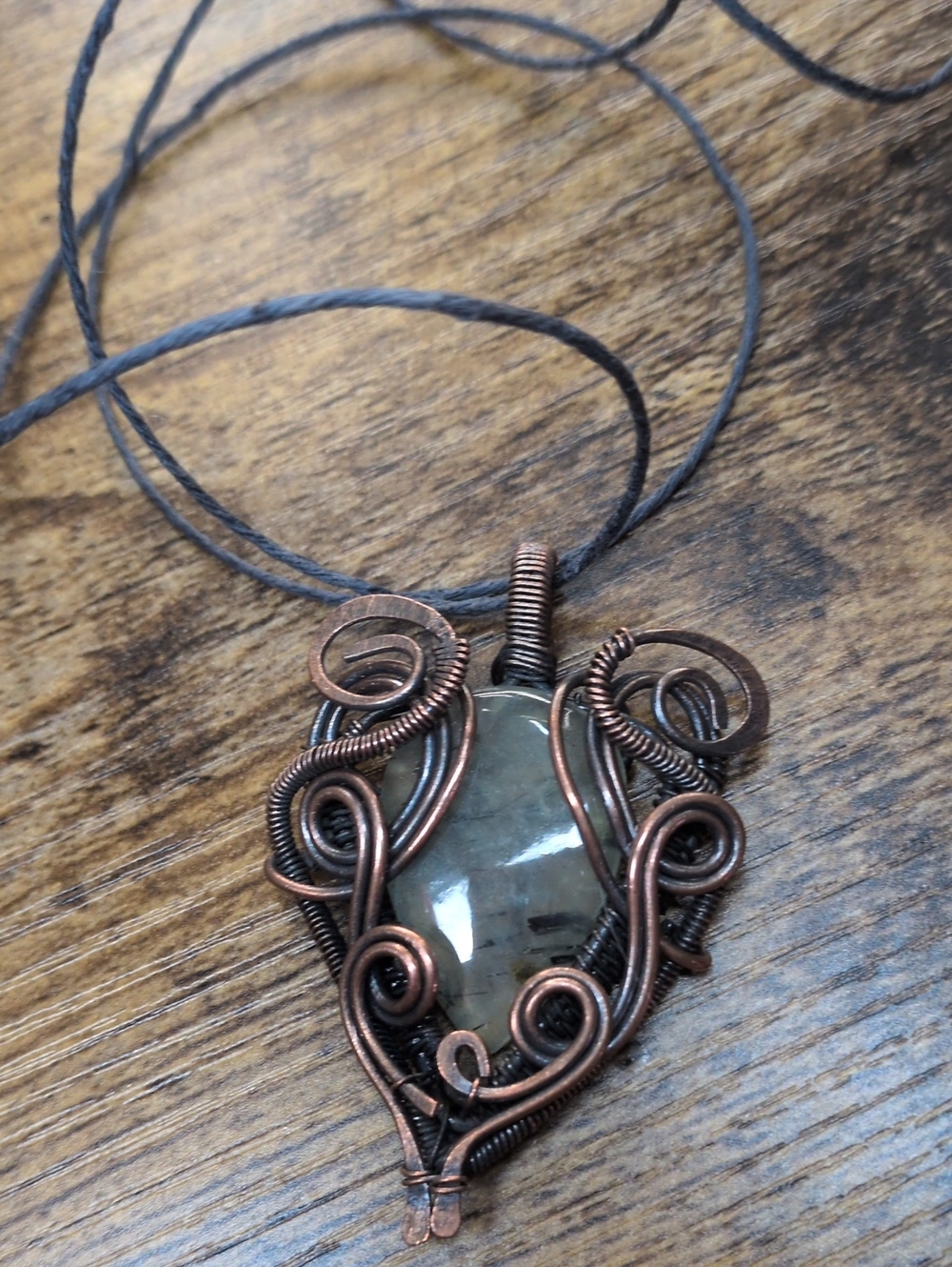 Handcrafted Copper Wire Wrapped Green Prehnite Pendant Necklace